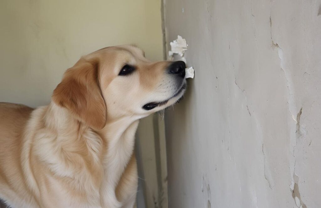 壁をかじる犬