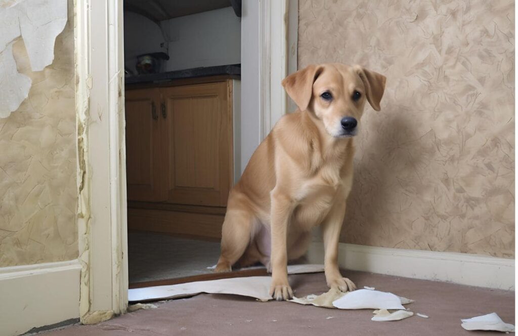 壁を壊した犬