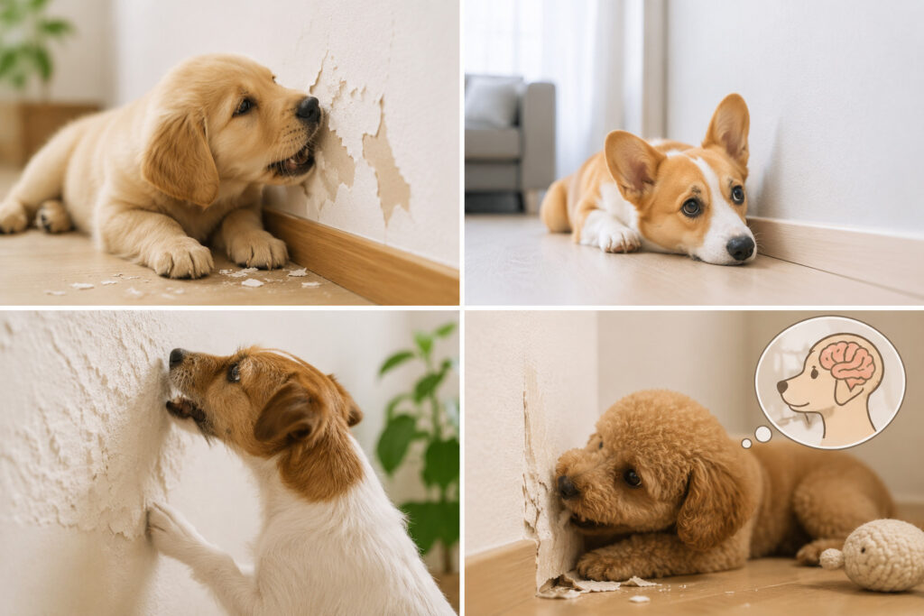 犬が壁を齧っている様子