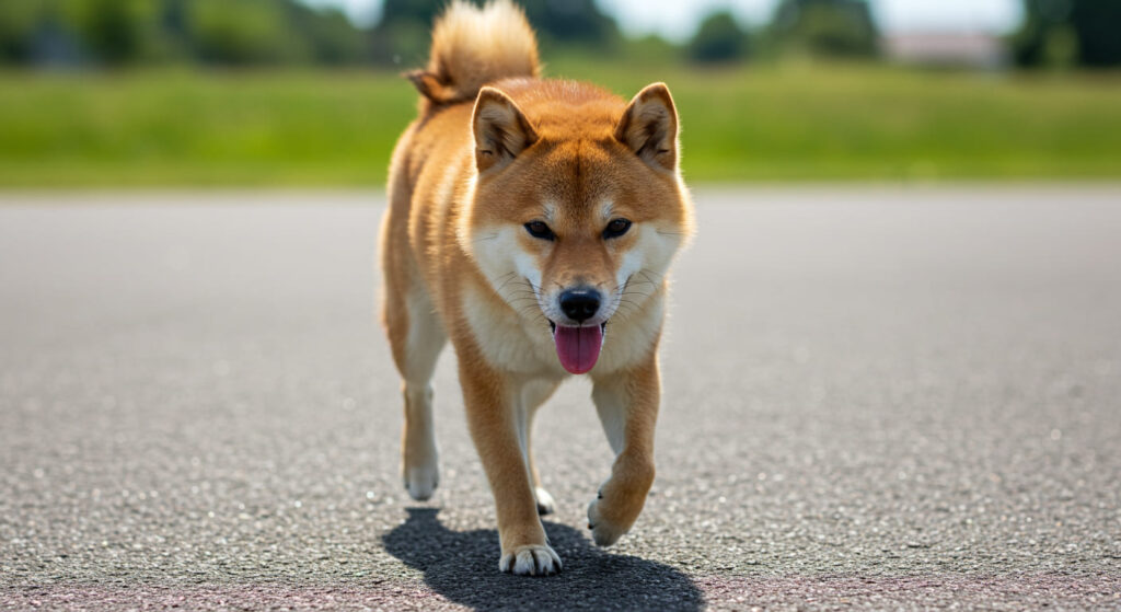 犬がアスファルトの上を暑そうに歩いている