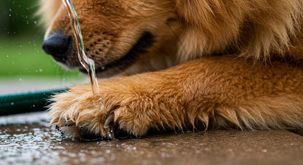犬が足を水で冷やしている