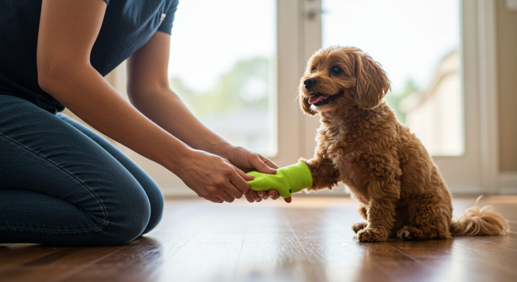飼い主に靴下を履かせてもらう犬