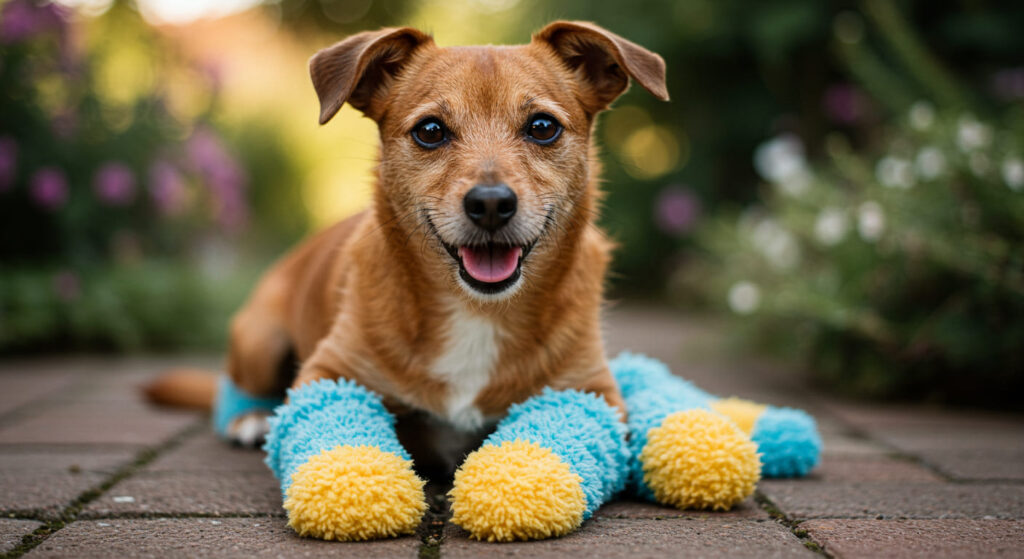 靴下を履いて嬉しそうな犬