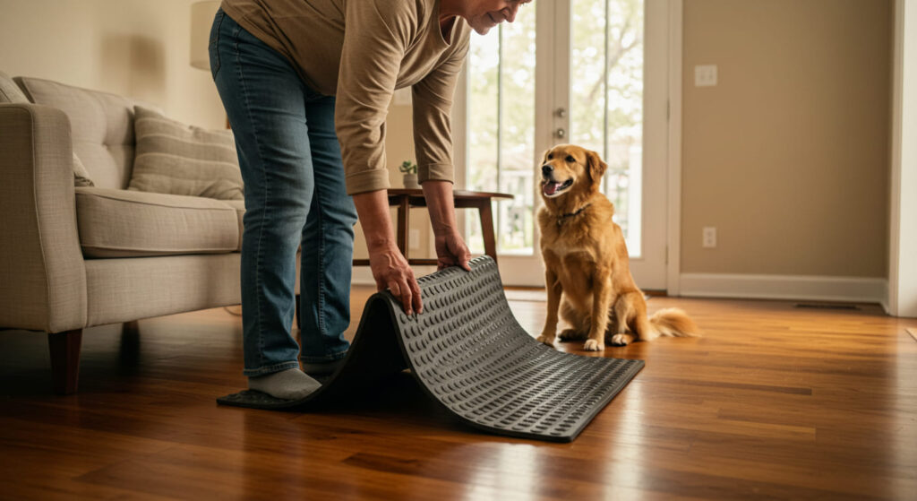 犬が滑らないようにマットを敷く飼い主と嬉しそうに見つめる犬