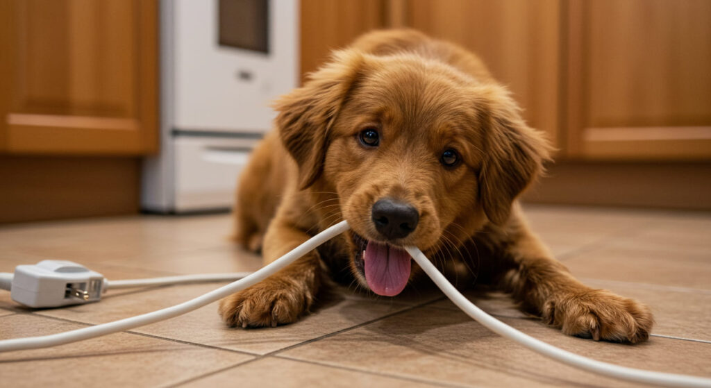 電源コードを噛む犬