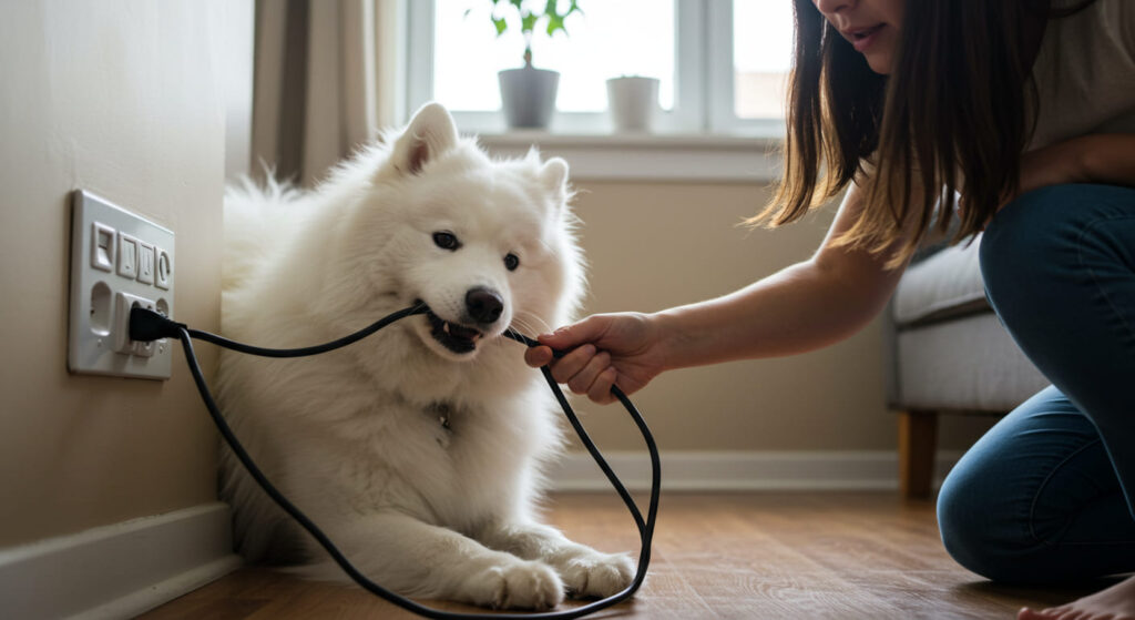 電源コードを噛む犬、電源コードを噛む犬をやめさせる飼い主