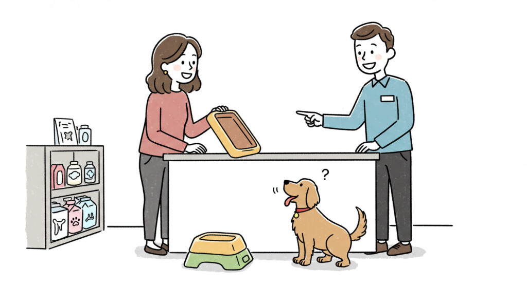 犬のトイレトレーをかてあげる飼い主