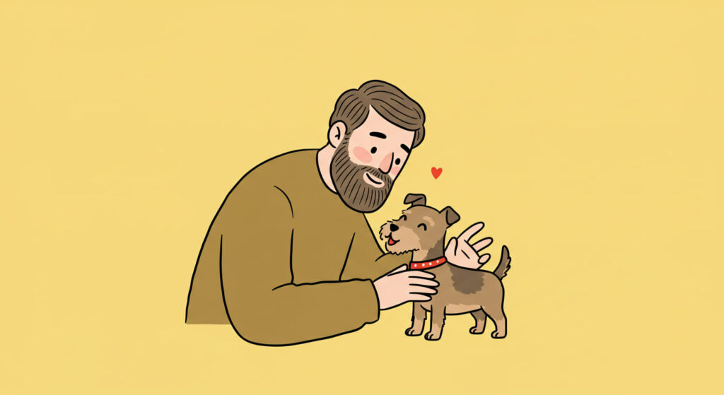 犬を撫でている男性、犬を褒めている男性
