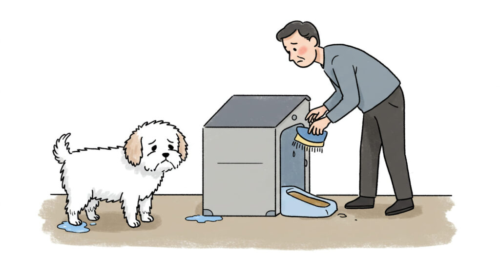 トイレで足が濡れた犬