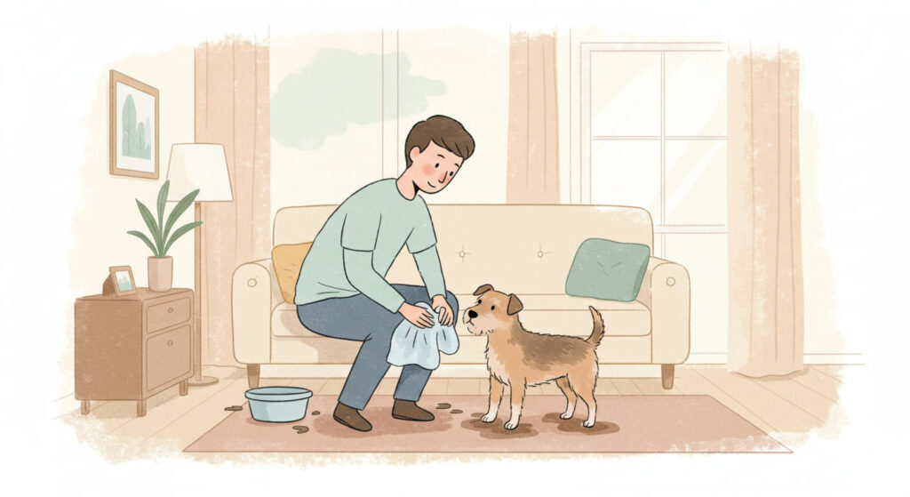 トイレで足が濡れた愛犬の足を拭いてあげる飼い主