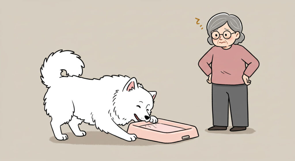 トイレトレーを噛む犬と困っている飼い主の写真