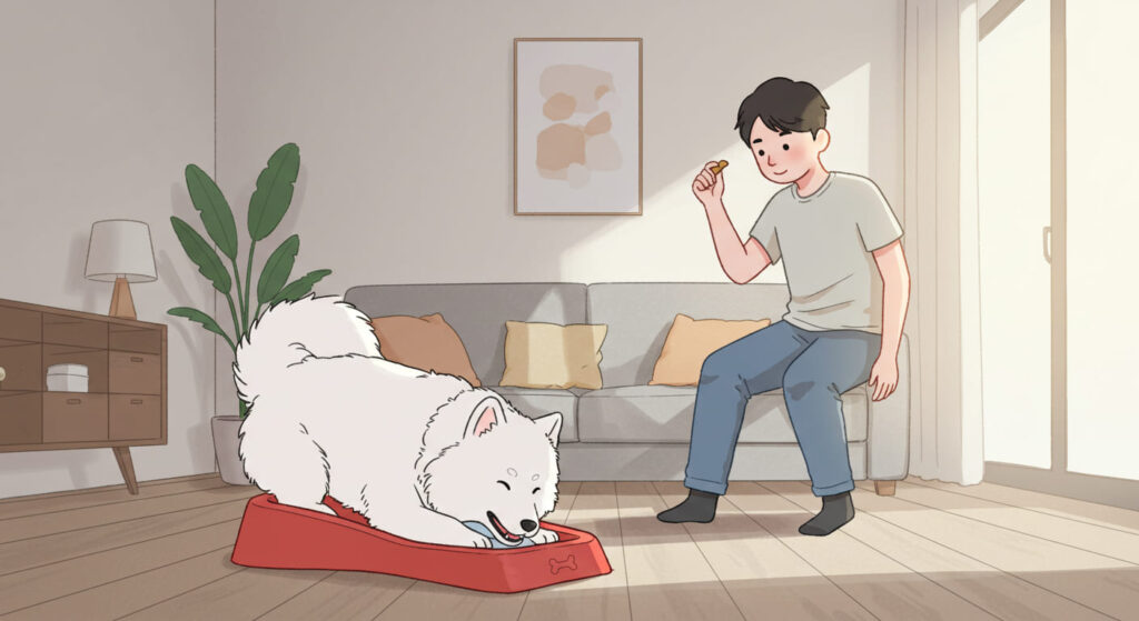 トイレトレーを噛む犬と冷静に躾をしようとする飼い主のイラスト