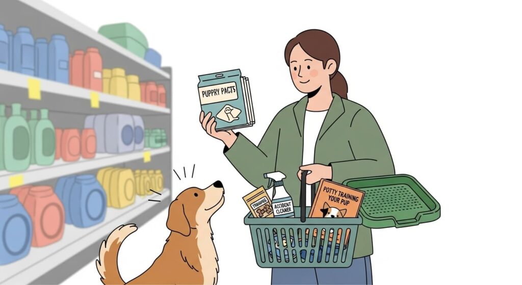 愛犬のトイレのしつけ用にグッズを買う飼い主