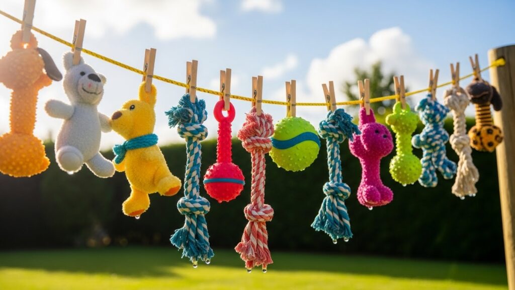 犬のおもちゃを乾かしている様子