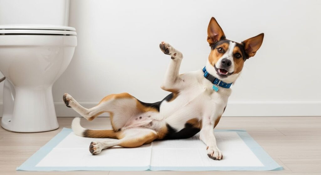 犬のトイレシートの上で遊ぶ犬
