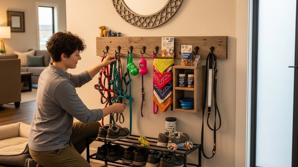 犬のリードを玄関の壁にかけて収納している人