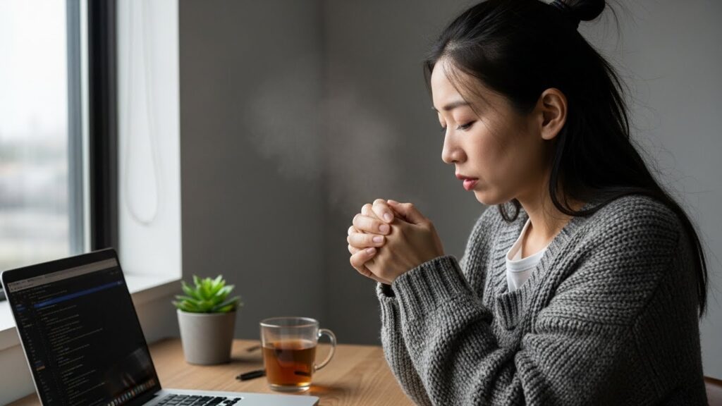 デスクワークで手を寒そうにする女性