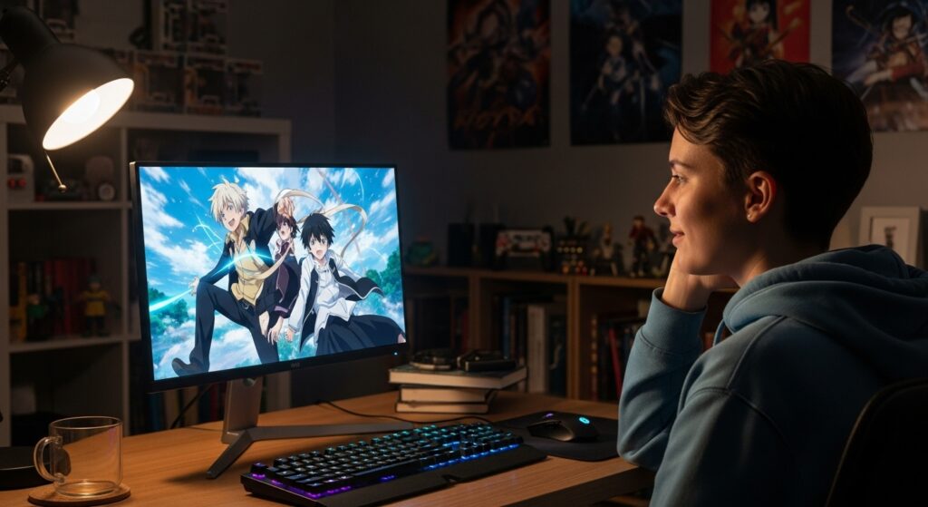 パソコンでアニメを見る少年