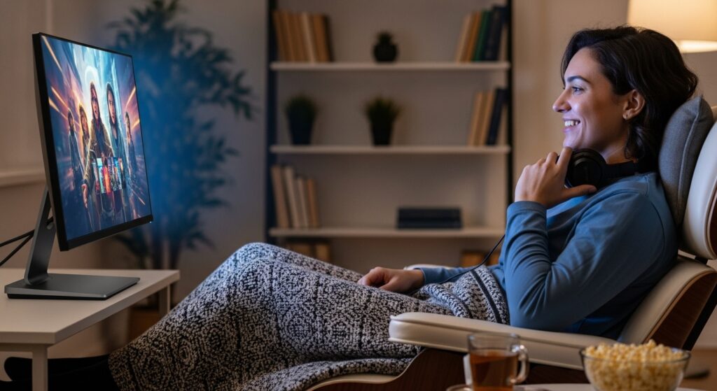 モニターで映画を見る人