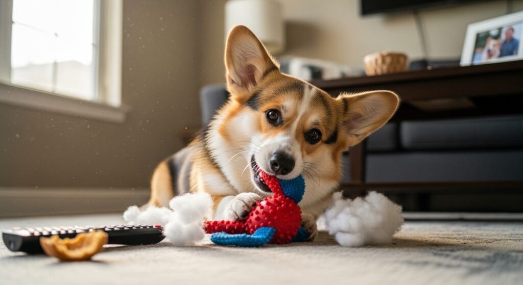 おもちゃを噛みちぎるコーギー