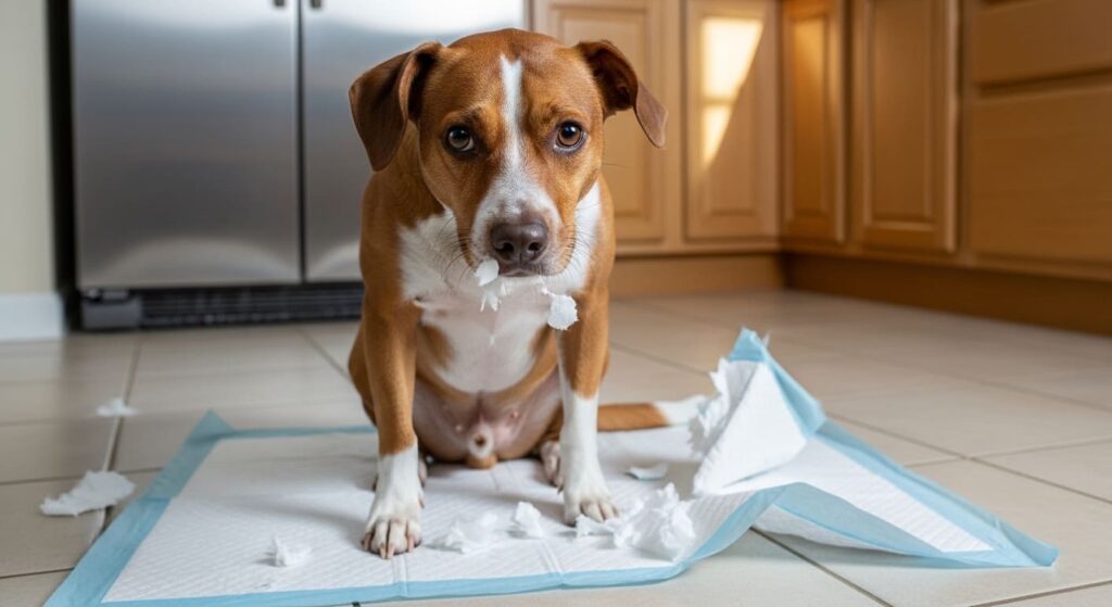トイレシートを破って反省してる犬