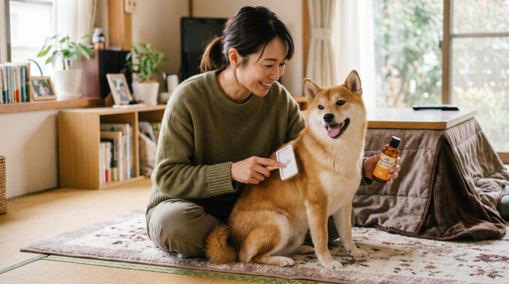 愛犬に毛玉ほぐしのローションを使ってブラッシングする飼い主と愛犬