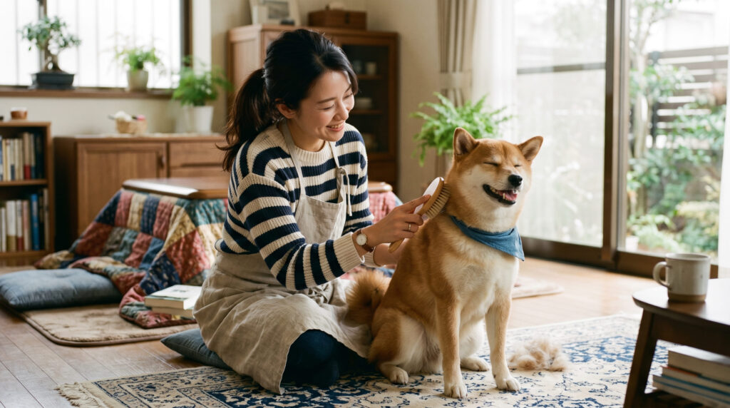 愛犬をブラッシングしてあげる飼い主