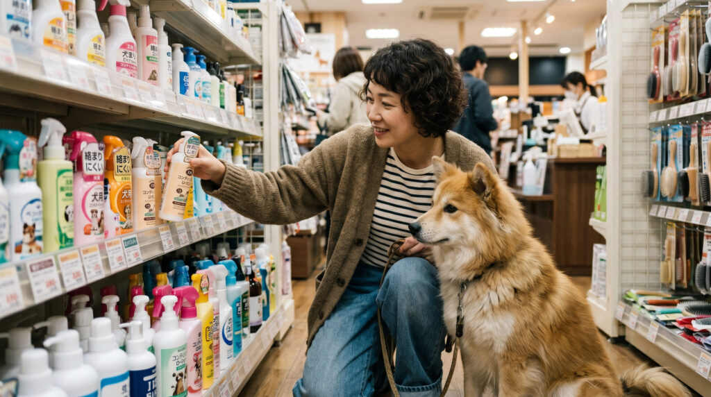愛犬の毛玉ほぐしrーションを選んでいる飼い主と愛犬
