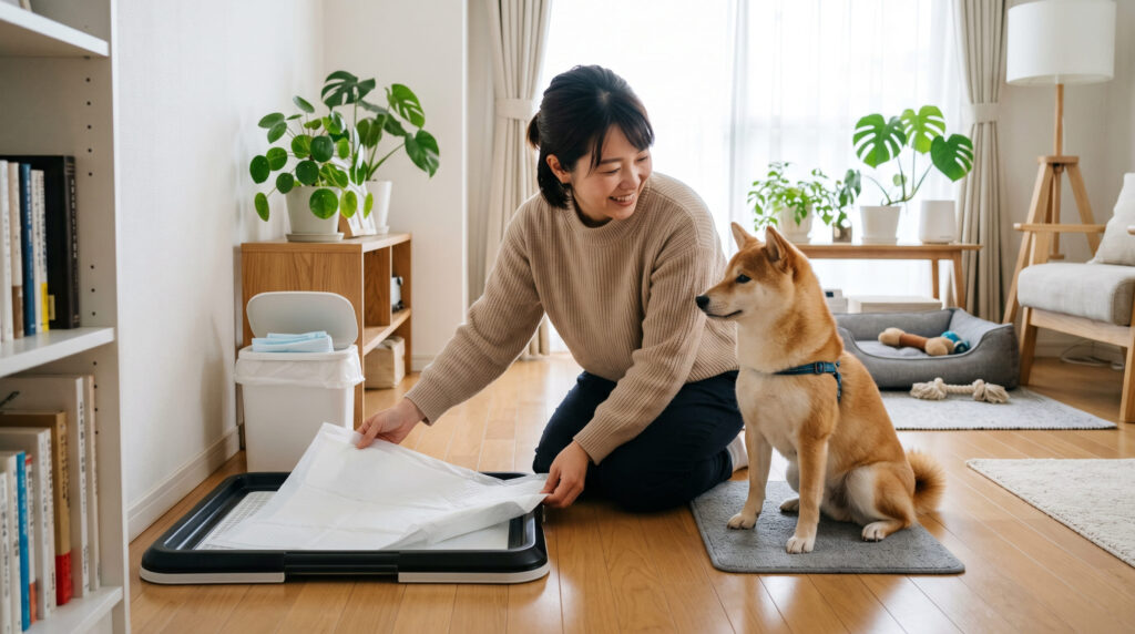 トイレシートを変える飼い主