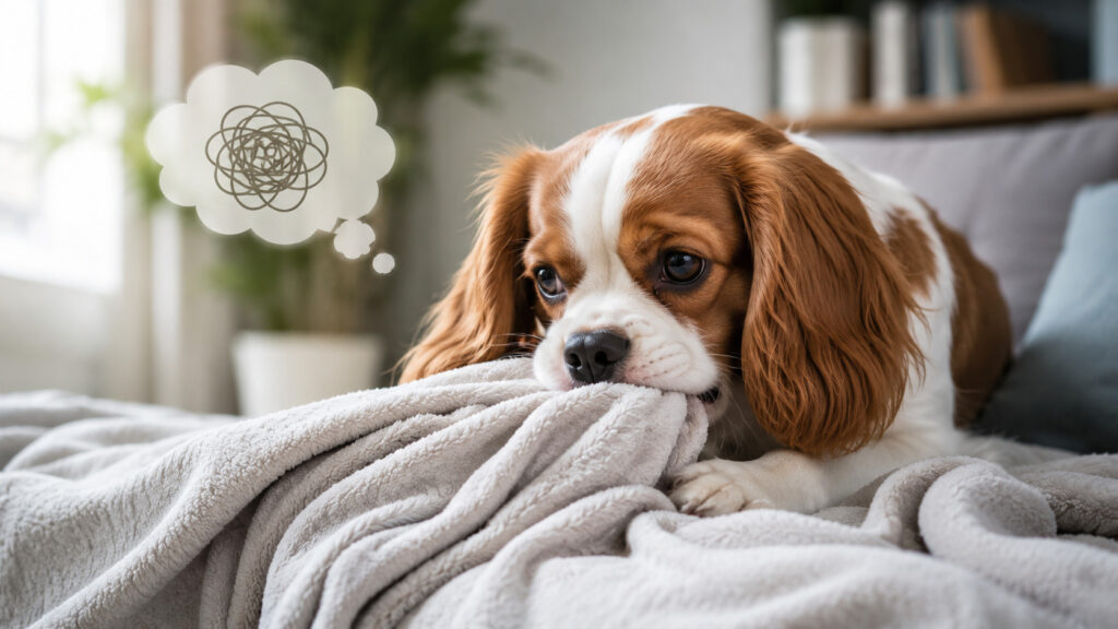 犬がかなりそうな表情で毛布を噛んでいる